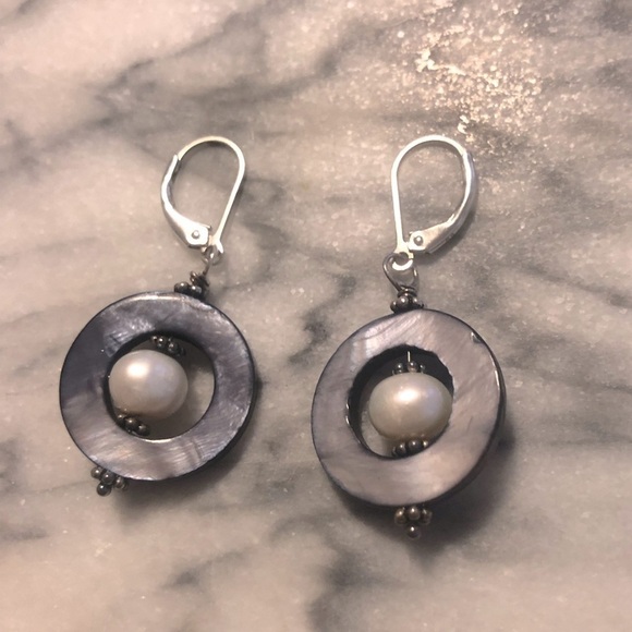 𝅺vtg Sterling Abalone & Pearl Dangle Earrings 1.6” - Picture 3 of 6